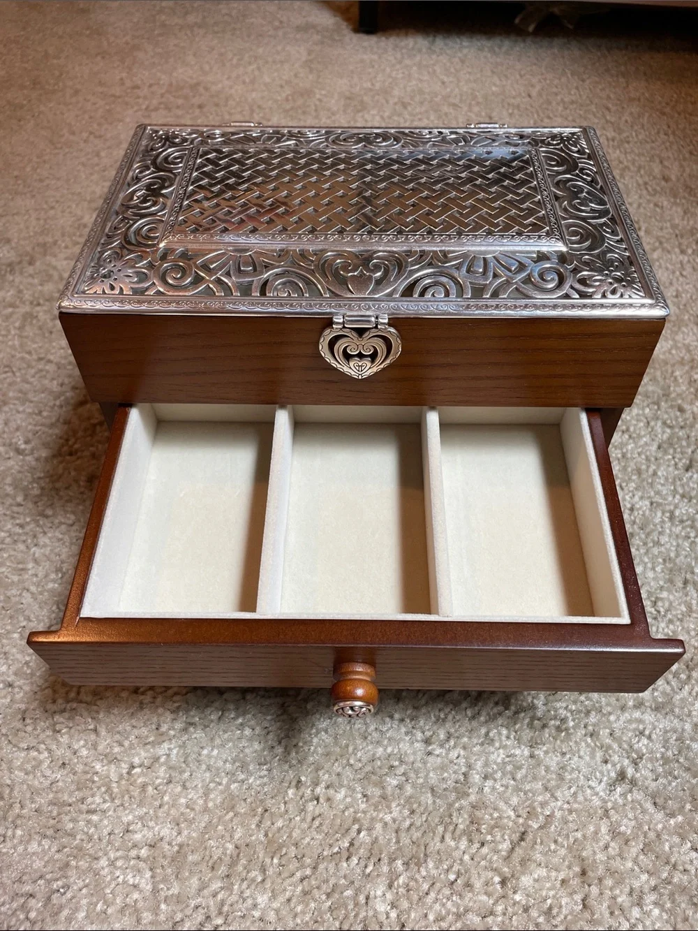 Brighton Wooden Jewelry Chest with Intricate Silver-Tone Top